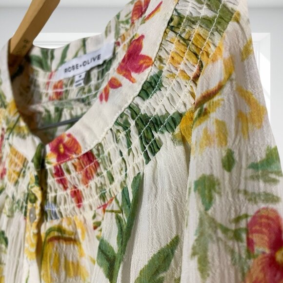 Rose + Olive Floral Blouse Top Cottagecore Yellow Red Green Tie Sleeves Size M - Picture 5 of 12